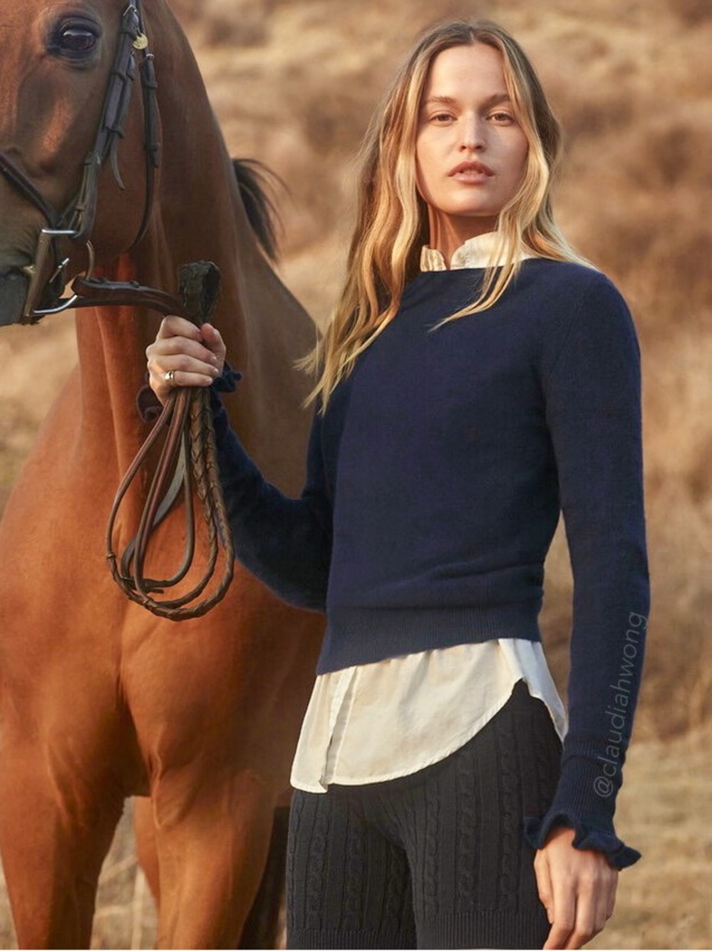 New GWYN Bunny 100% Merino Wool Ruffle Trim Sweater in Navy Blue